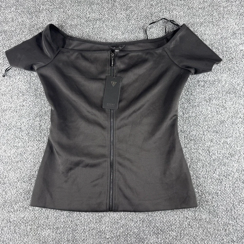 GUESS Blair Off The Shoulder Scuba Top Jet Black S W64P85R3PP0 NWT
